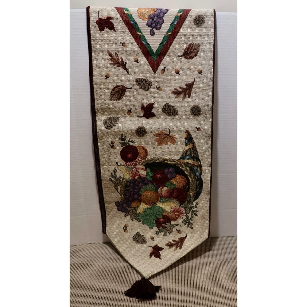 Table Runner Tapestry 13x72 Harvest Autumn Cornucopia Leaves Tan Vintage